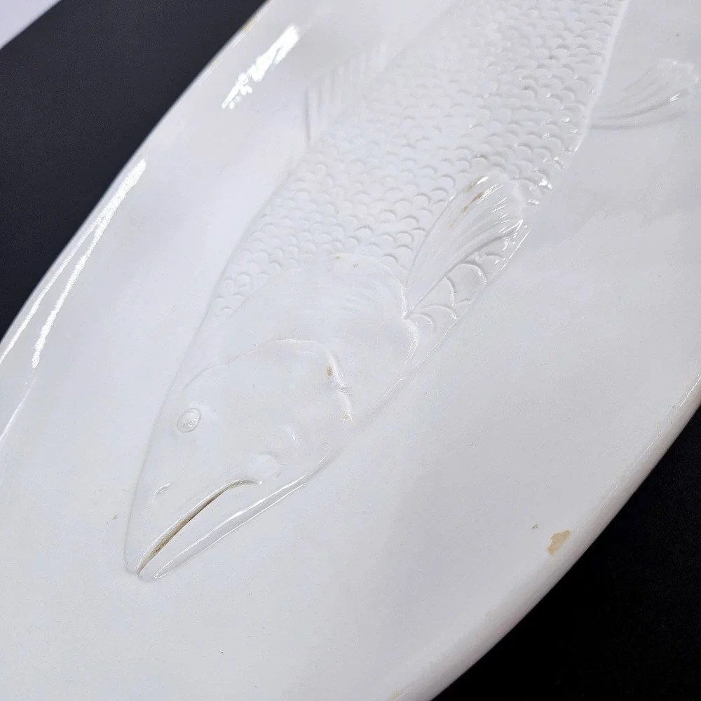 Vintage Lg White Ceramic Fish Platter Oval Serving Tray Decor Made in Italy 17in